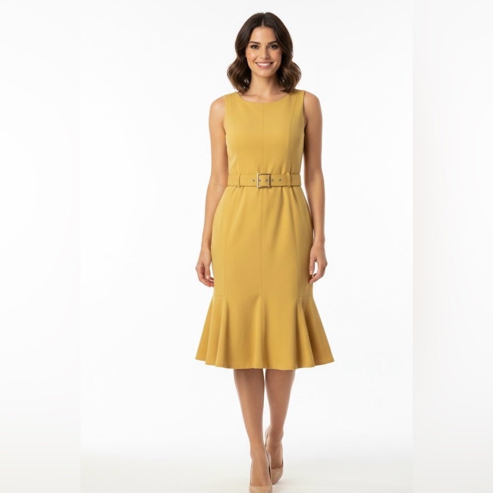 Calvin Klein Mustard Midi Dress with Belt size 8